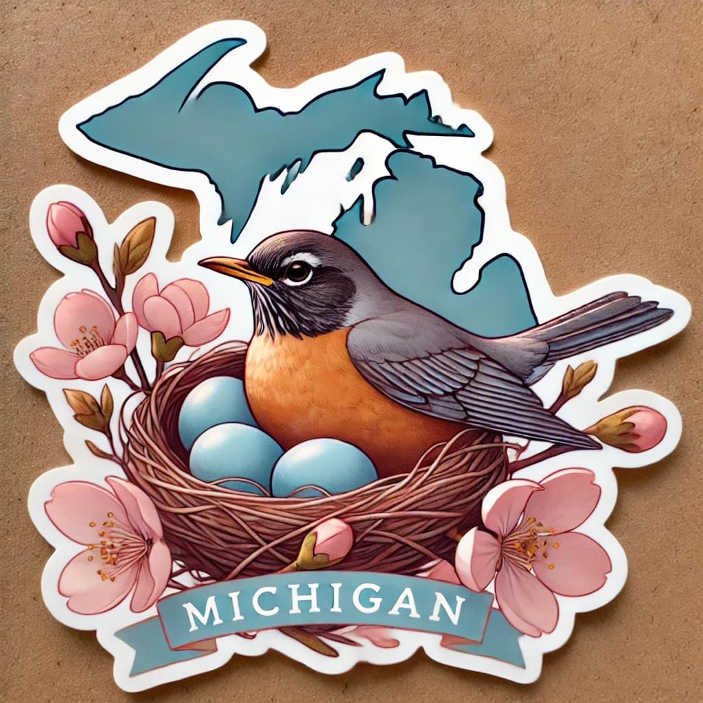 Vinyl sticker: Robin in Nest with Blue Eggs Michigan Sticker for Laptop Car Window Wall Bumper Truck Auto Water Bottle Waterproof Decal in Cherry Blossom Tree Emblem Design (4)