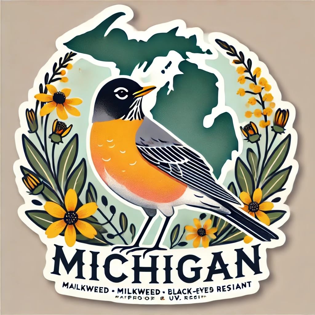 Vinyl sticker: Robin in Milkweed Black-Eyed Susan Wreath Sticker for Laptop Window Wall Car Bumper Truck Water Bottle Auto Michigan State Bird Waterproof Floral Emblem Decal