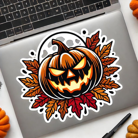 Vinyl sticker: Spooky Jack-o'-Lantern with Autumn Leaves Sticker for Laptop, Wall, Car, Window, Bumper, and Water Bottle - Waterproof Vinyl Decal for Truck and Auto