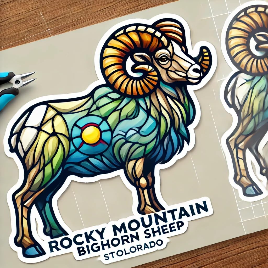 Vinyl sticker: Stained Glass Bighorn Sheep Sticker for Laptop, Car, Window, Bumper, Waterproof Decal, Auto, Truck, Water Bottle (6)