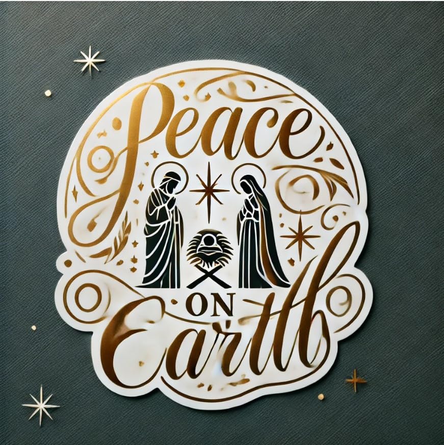 Vinyl sticker: Calligraphy Nativity Scene with 'Peace on Earth', Laptop and Car Decal