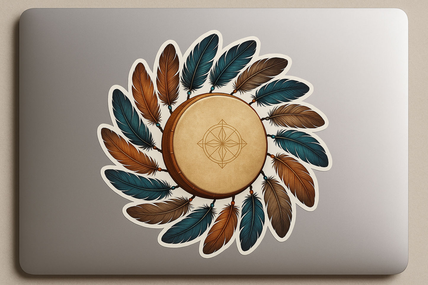 Circle Feathers Sacred Drum Sticker Decal Vinyl Laptop Car Window Bumper AUTO Bottle Water Bottle Helmets Waterproof