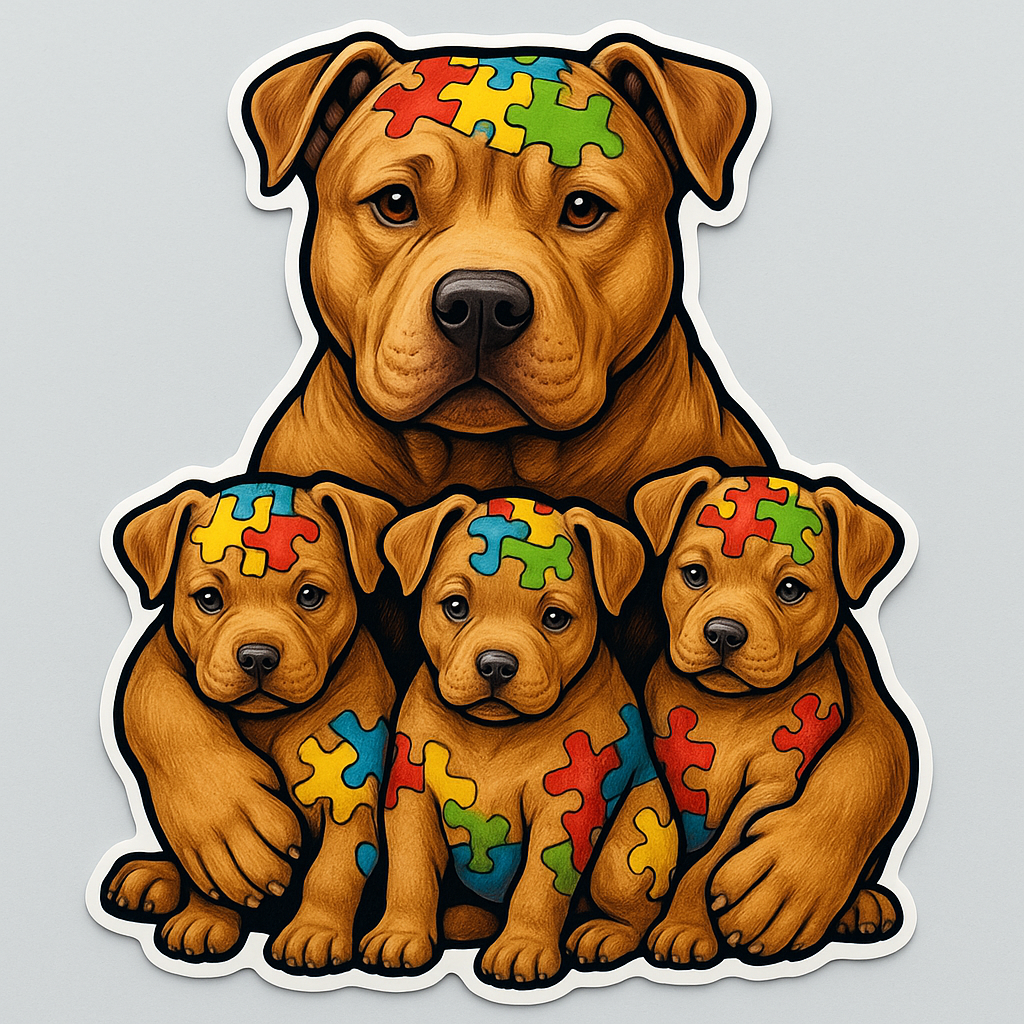 Autism Awareness Pitbull Family Sticker for Laptop Car Window Truck Puzzle Pattern Dog Decal with Dad and 3 Puppies Symbolizing Love and Strength
