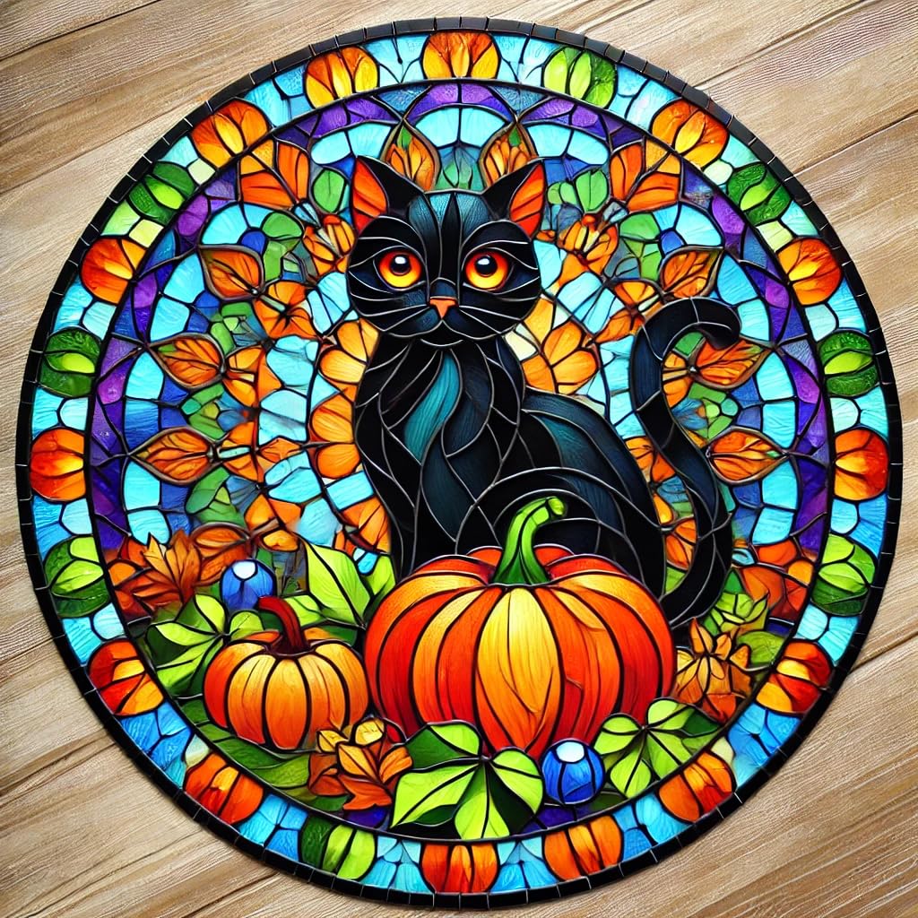 Vinyl sticker: Autumn Black Cat Stained Glass Sticker - Colorful Mosaic Style, Waterproof Vinyl Decal for Laptop, Wall, Car, Window, Bumper, Truck, and Water Bottle