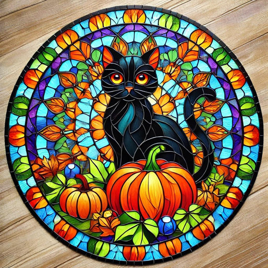 Vinyl sticker: Autumn Black Cat Stained Glass Sticker - Colorful Mosaic Style, Waterproof Vinyl Decal for Laptop, Wall, Car, Window, Bumper, Truck, and Water Bottle