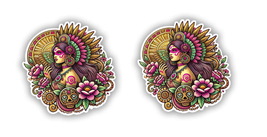 Vinyl sticker: Set of 2 Aztec Tlazolteotl Goddess Sticker - Graceful Design with Traditional Attire for Laptop, Wall, Car, Window, Bumper, Waterproof Decal for Truck, Auto, Water Bottle