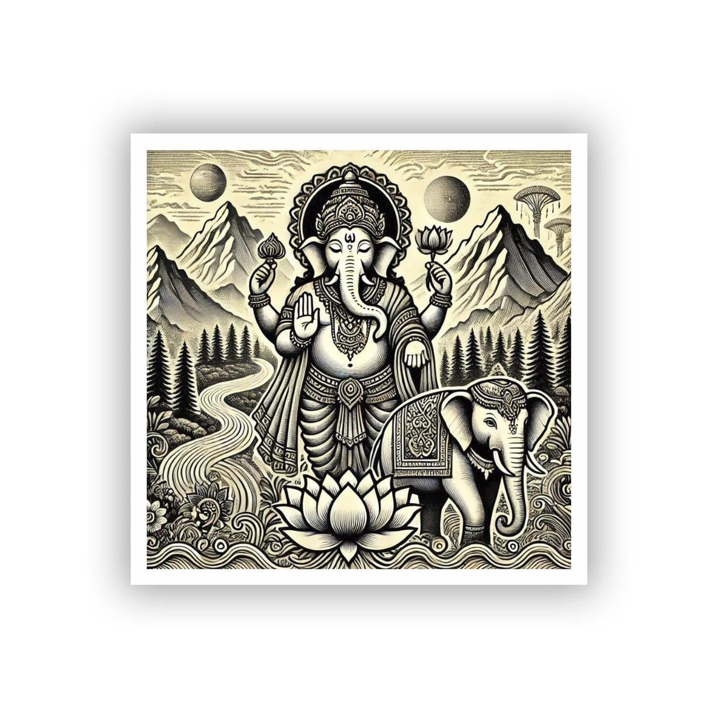 Vinyl sticker: Detailed Ganesha Laptop, Car, Water Bottle, Window Sticker - Standing with Elephant in Nature Scene - Harmony and Nature Waterproof Decal for Bumpers and Auto
