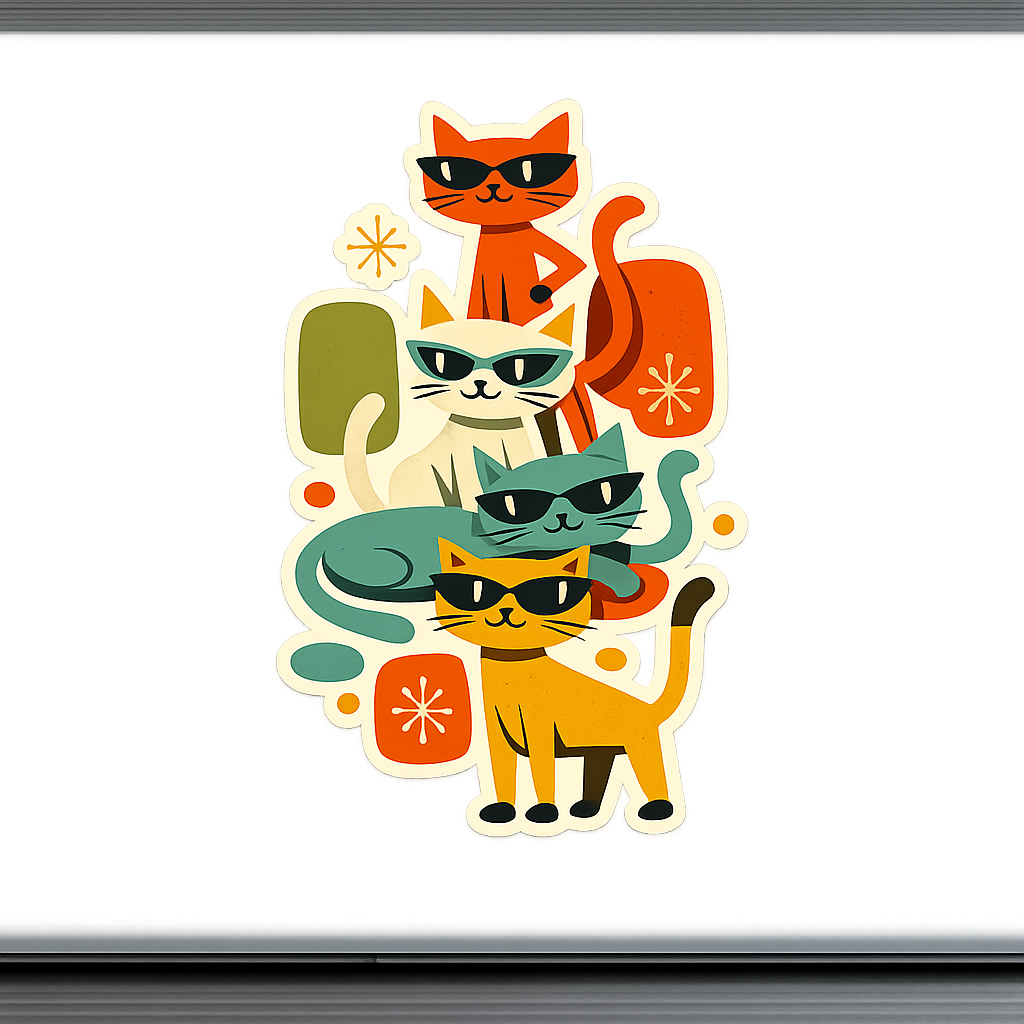 Mid-Century Cats Sticker Decal Vinyl Laptop Car Window Bumper AUTO Water Bottle Helmets Waterproof Retro