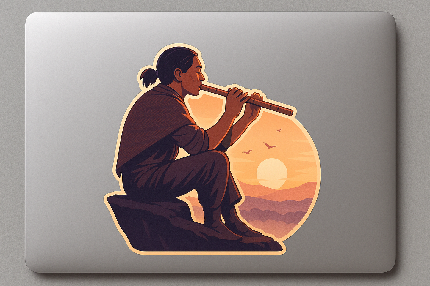 Native Flute Player Sticker Decal Vinyl Laptop Car Window Bumper AUTO Water Bottle Helmets Waterproof Sunrise