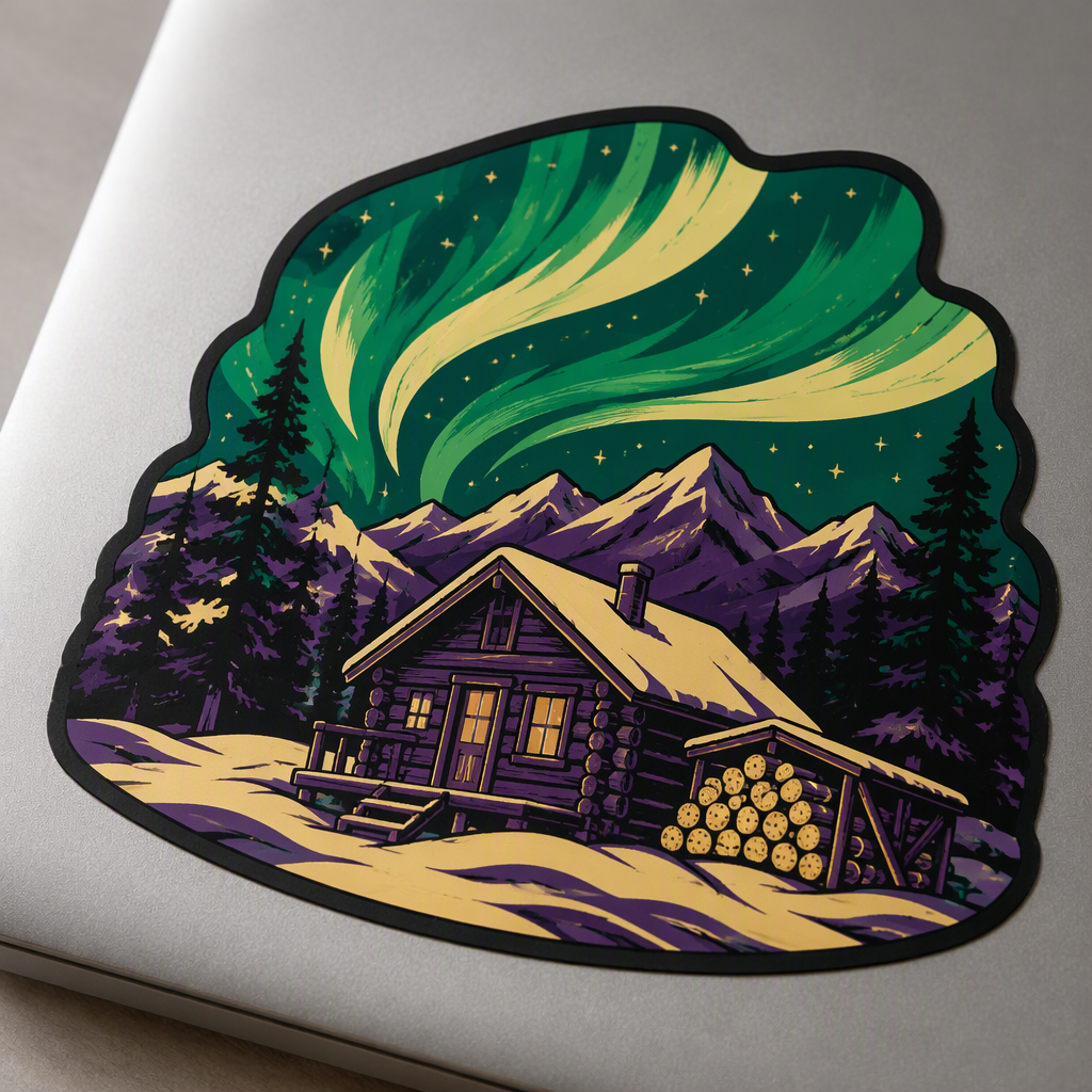 A remote Alaska cabin, woodpile, snowy hills, and sweeping northern lights create a serene yet adventurous wilderness scene in this geometric die-cut sticker.