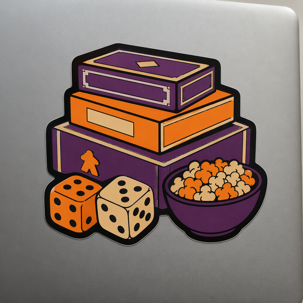 A playful stack of plain board game boxes, oversized dice, and a snack bowl creates a compact purple, orange, and cream design with a bold outlined die-cut silhouette.