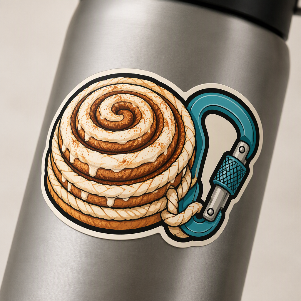 A cinnamon roll reimagined as a coiled climbing rope sits beside a chunky generic carabiner in this playful outdoor bakery mashup.