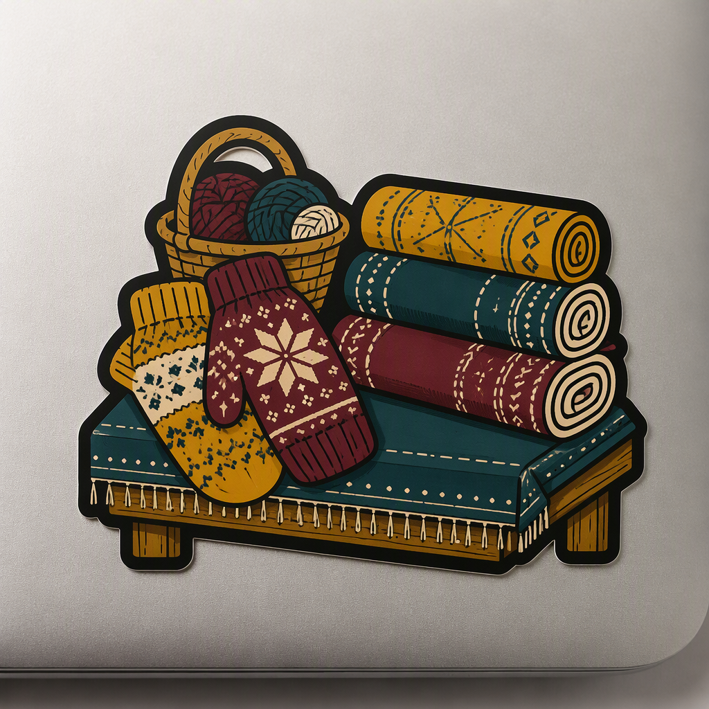 A compact craft fair table scene showcases handwoven mittens alongside simple textile rolls in a restrained vintage travel-illustration style.