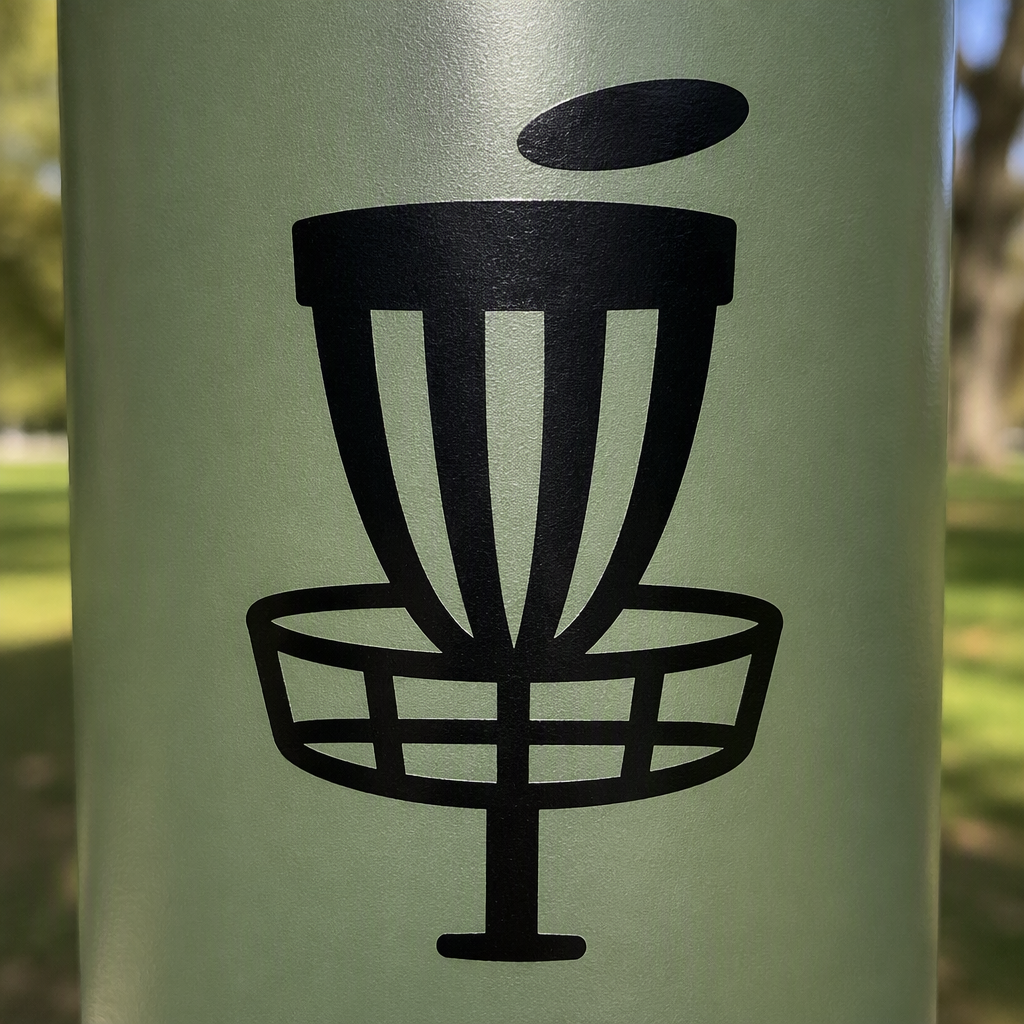 A bold black silhouette of a disc-golf basket creates a clean, playful emblem for players who enjoy time on the course.