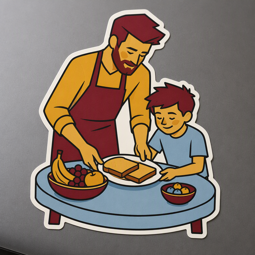 A warm multicolor illustration shows a father and child setting a small breakfast table with fruit and toast, capturing a quiet family moment with a caring, nurturing feel.
