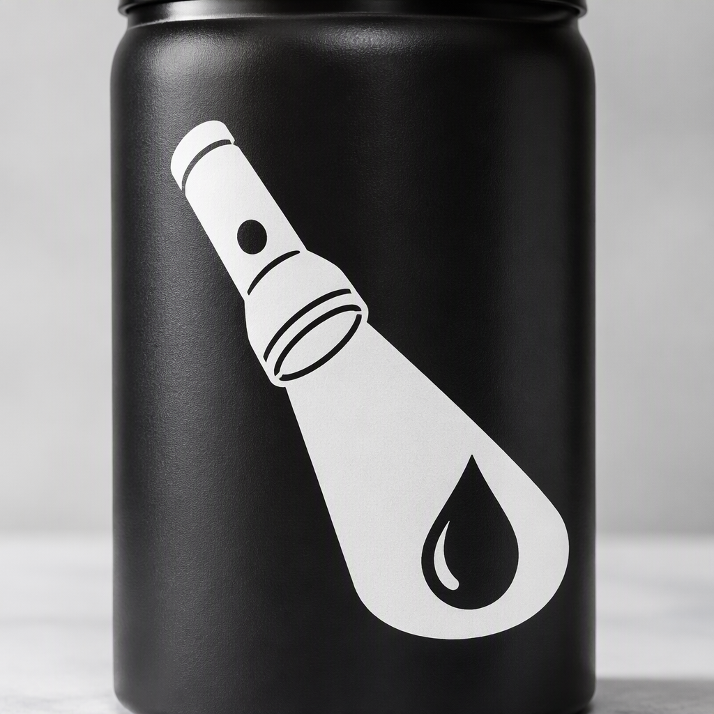 A chunky flashlight sends a wide beam across a simple raindrop in crisp white artwork, creating an expressive light-themed design with a practical outdoor spirit.