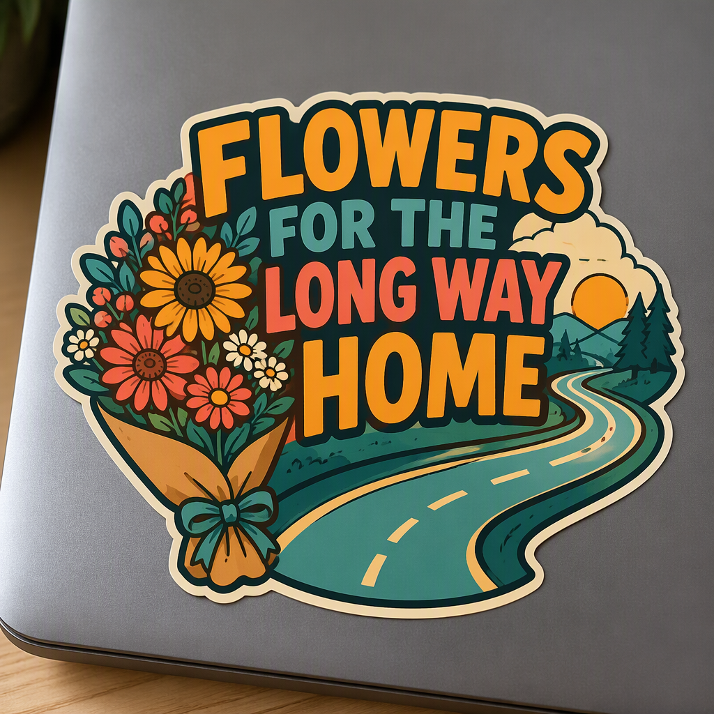 “FLOWERS FOR THE LONG WAY HOME” appears above a market bouquet and winding road in this whimsical, inviting die-cut sticker design.