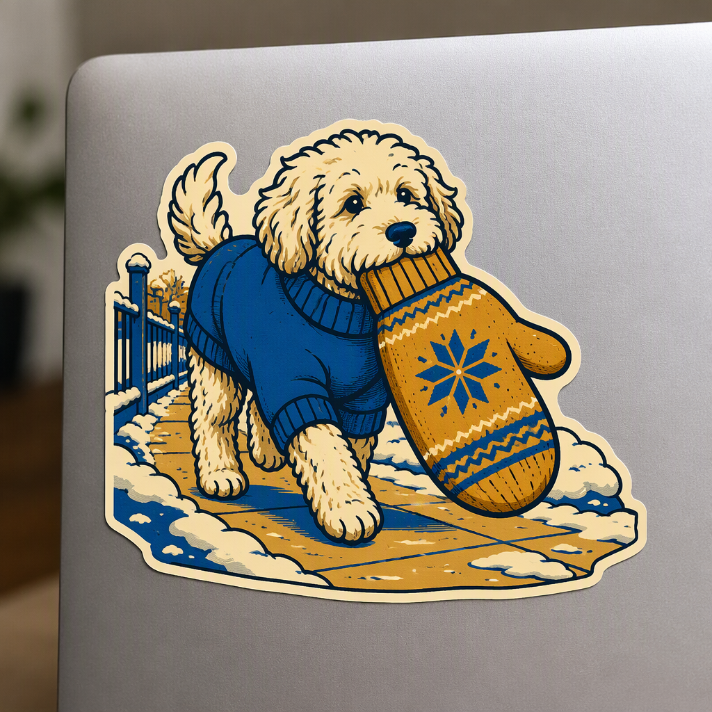 A fluffy dog in a simple sweater carries one oversized mitten along a snowy sidewalk in this playful winter illustration.
