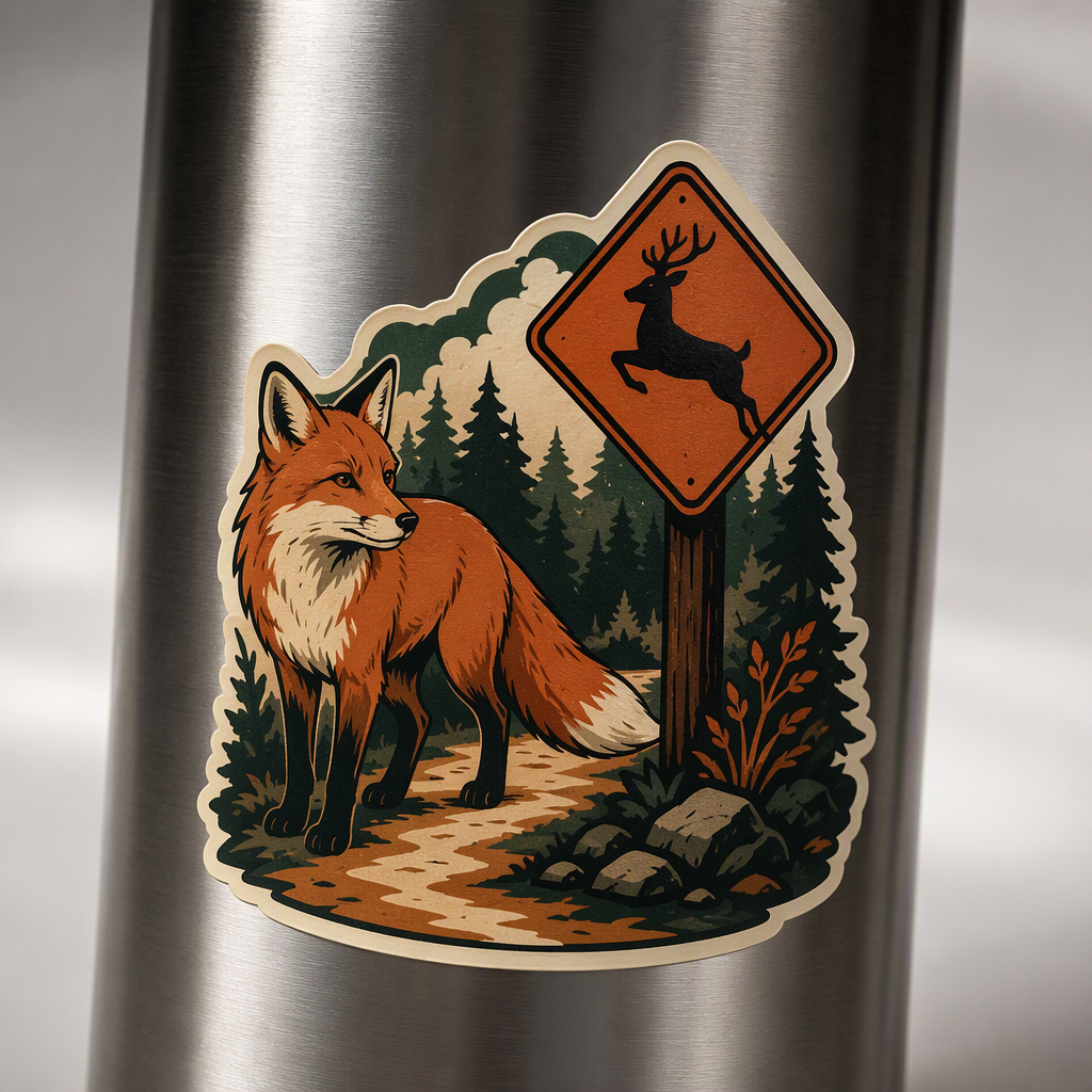 A fox pauses beside a simple wildlife crossing sign and broad forest trail in this connected die-cut illustration, creating a playful, adventurous nature scene with a clear travel-inspired spirit.