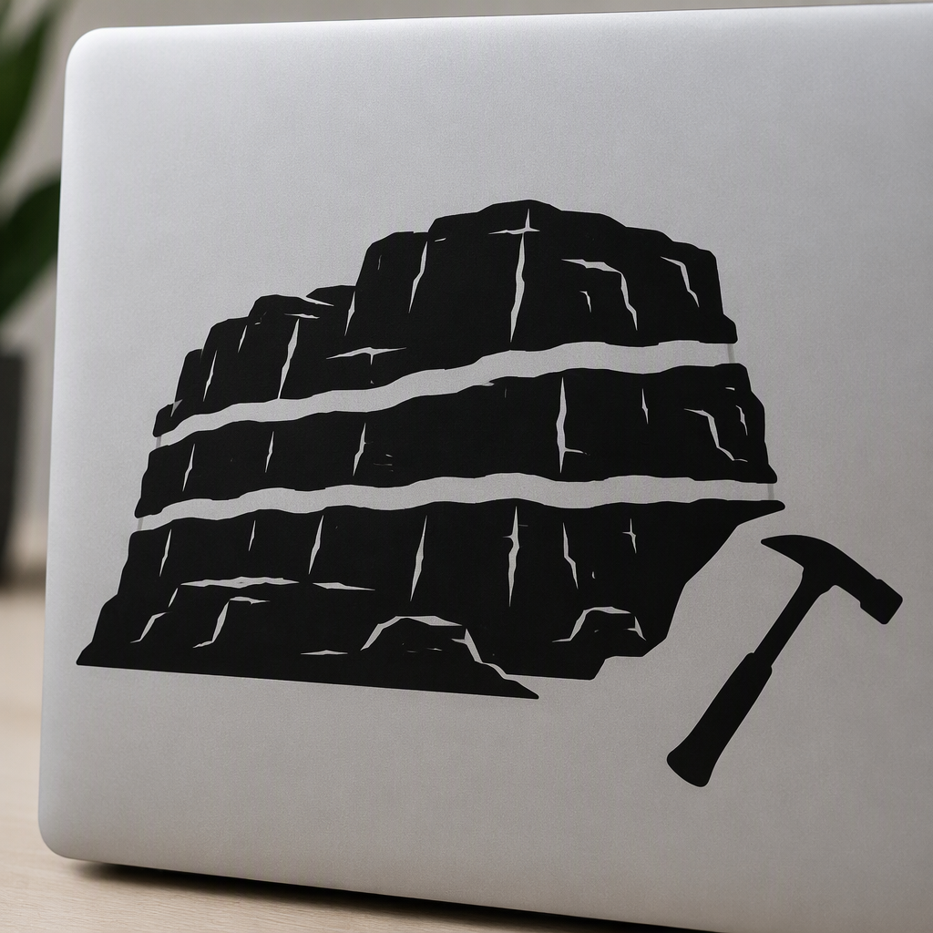 A bold black silhouette of a wide geologic rock face, shaped with three broad stratigraphic layer cuts and a simple hammer, creates an expressive tribute to the stories held in stone.
