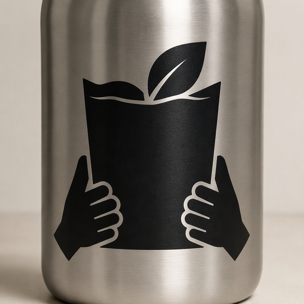 Two sturdy hands lift a plain grocery bag marked by a single leaf opening in this expressive black transfer decal.