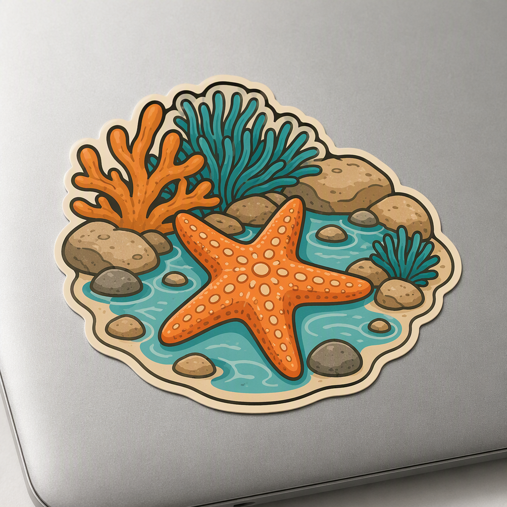 A friendly flat-vector Hawaiian tidepool scene brings a chunky sea star together with broad coral shapes in aqua, warm orange, and sandy tones.