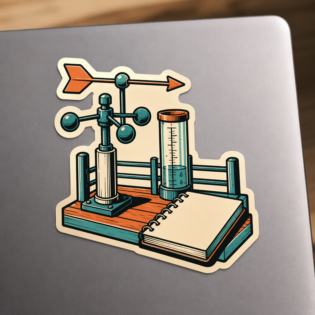 A crisp retro editorial illustration brings a home weather station to life in cyan, tangerine, and ivory, pairing a simple wind vane and rain gauge with a blank notebook in one connected irregular contour.