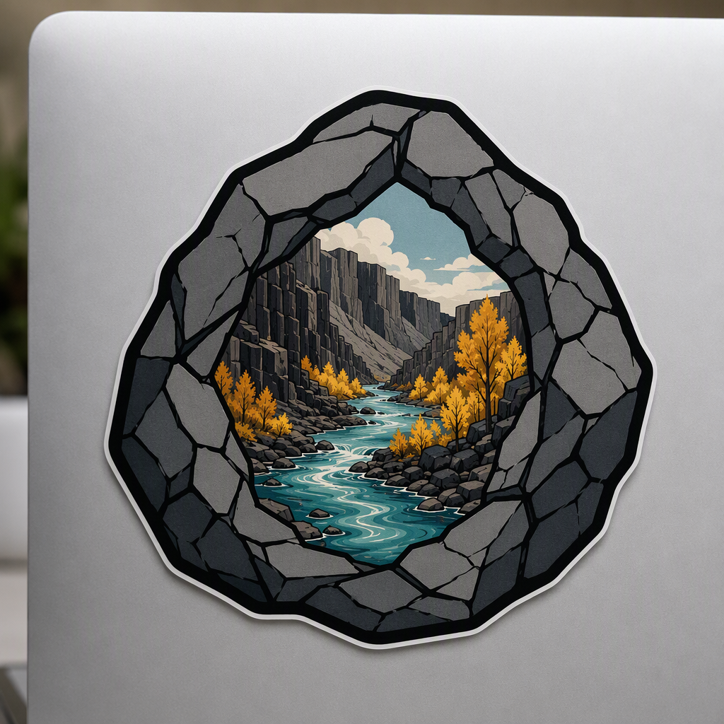 An angular stone opening frames a small Idaho river canyon, where a blue current winds past warm golden cottonwoods in a clean, modern travel-art scene.