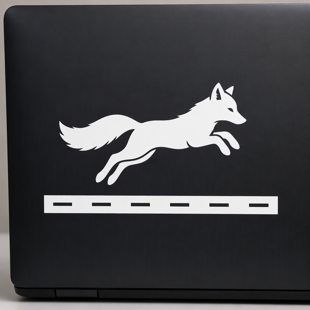 A white jumping fox silhouette leaps above a single wide road stripe in a clean, graphic composition with plenty of open space.
