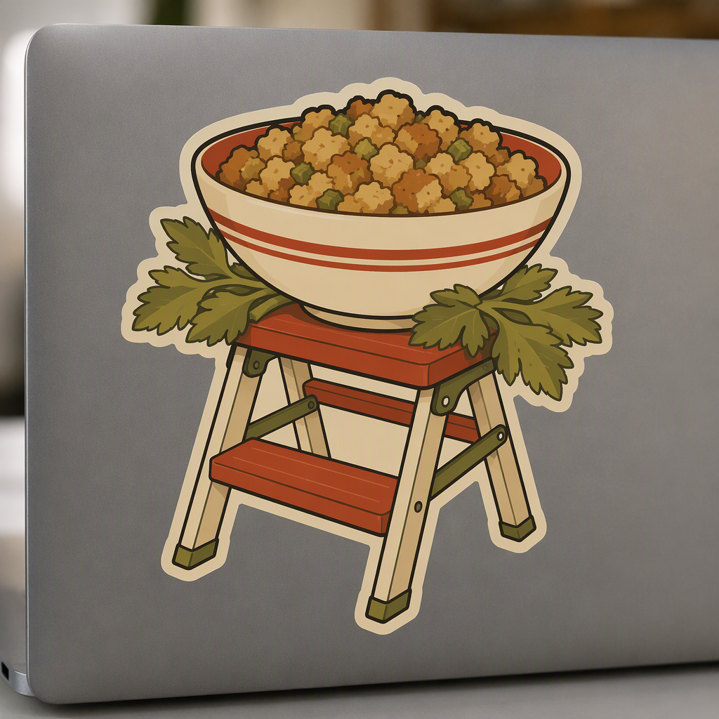 A folding kitchen step stool supports an oversized bowl of bread stuffing, with broad celery leaves tucked beneath in a playful geometric still life of paprika, olive, and cream.