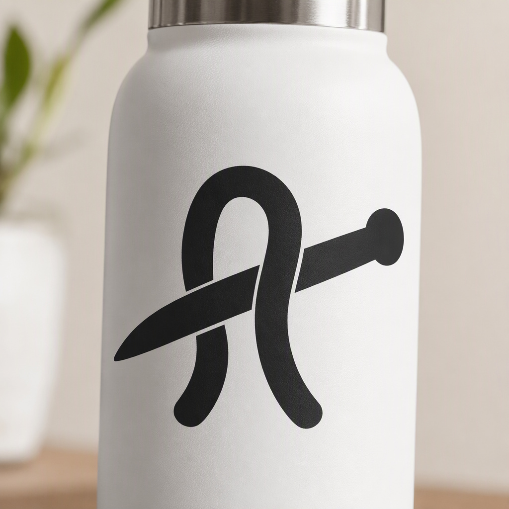 A chunky knitting needle passes through one broad, expressive yarn loop in this clean black transfer decal, creating a bold graphic tribute to the relaxing rhythm of knitting.