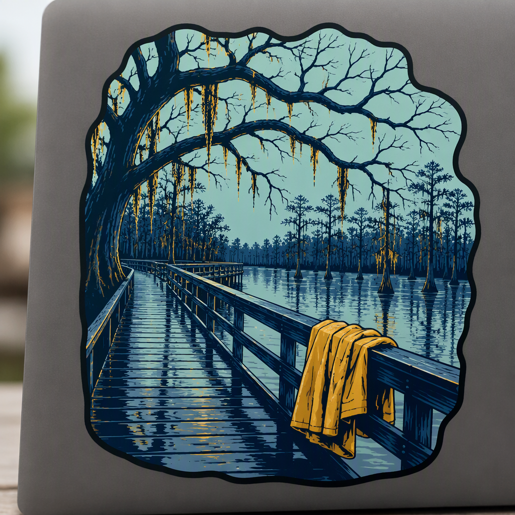 A rain-reflecting Louisiana bayou boardwalk stretches beneath broad bare branches, with a single folded yellow poncho resting on the rail in an indigo, goldenrod, and pale aqua scene.