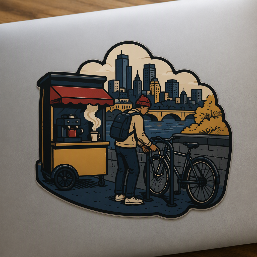 A Minneapolis commuter locks an unbranded bicycle beside a welcoming coffee stand in this compact vintage travel illustration.