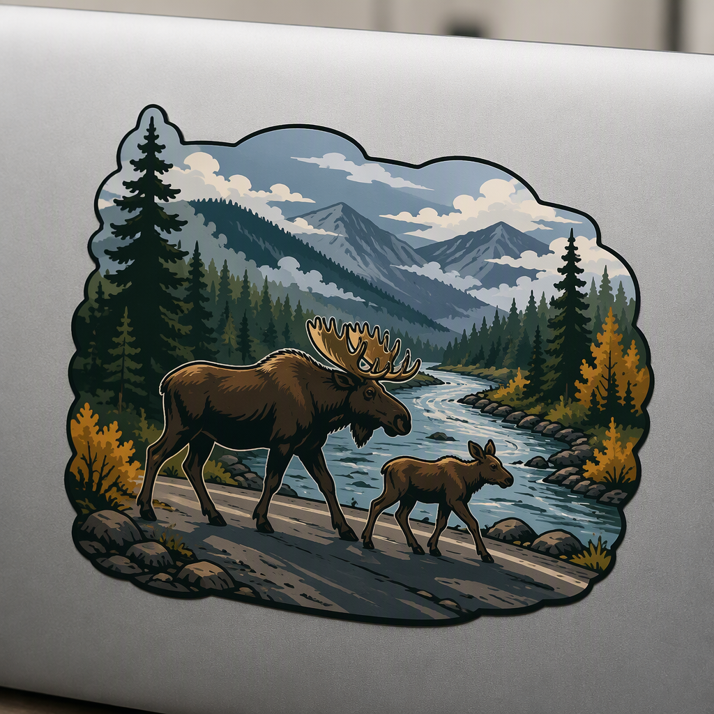 A serene Montana wildlife scene shows a moose family crossing a forest road beside a winding river, surrounded by dark spruce, warm gold accents, and fog-blue mist.