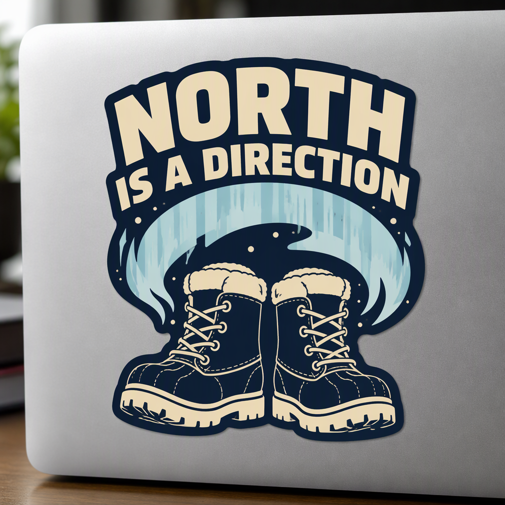 “NORTH IS A DIRECTION” stands boldly above an aurora arc and chunky winter boots in navy, ice blue, and ivory.