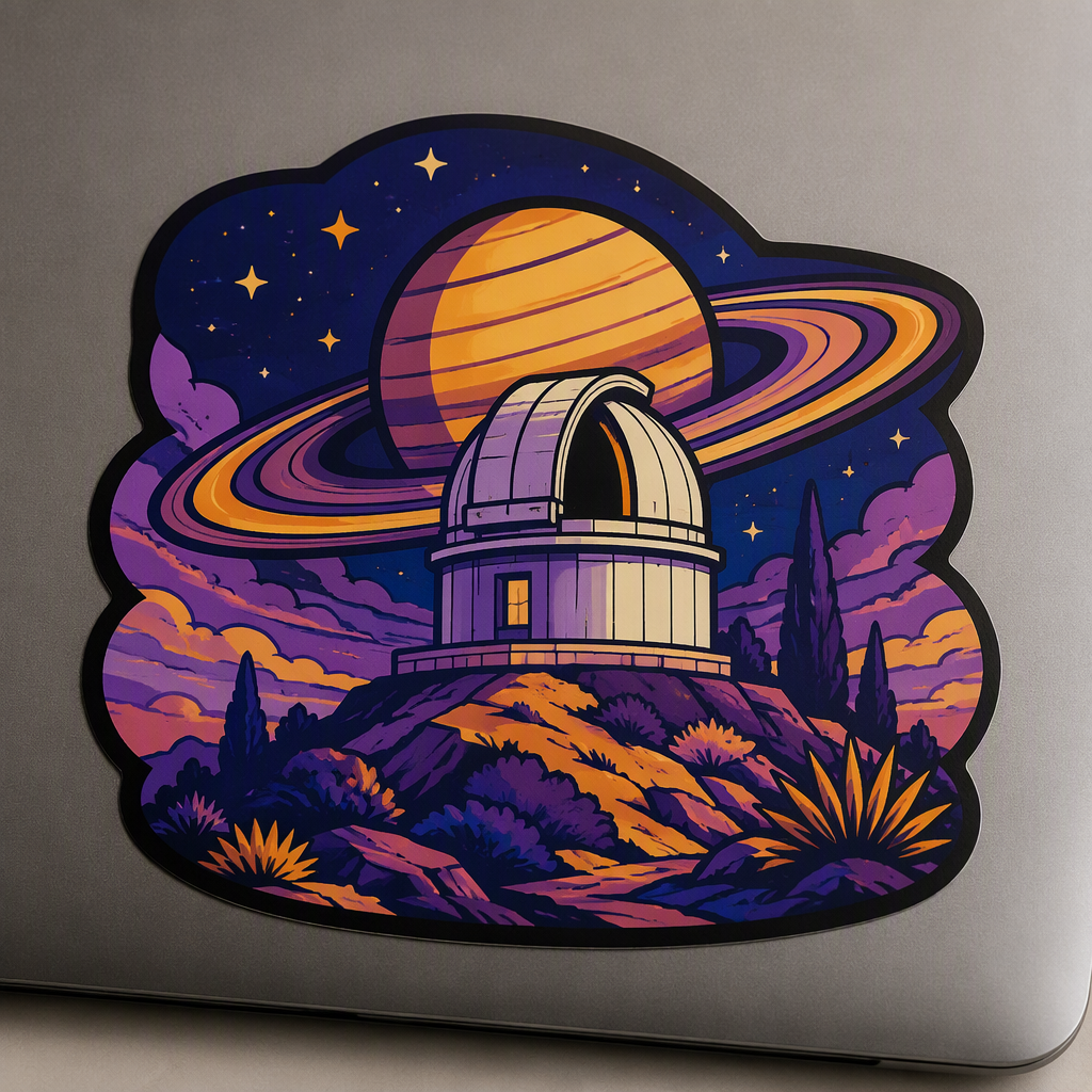 A bright folk-art-inspired observatory dome rests on a quiet desert ridge beneath Saturn-like rings, blending violet, amber, and deep blue into a compact cosmic scene.