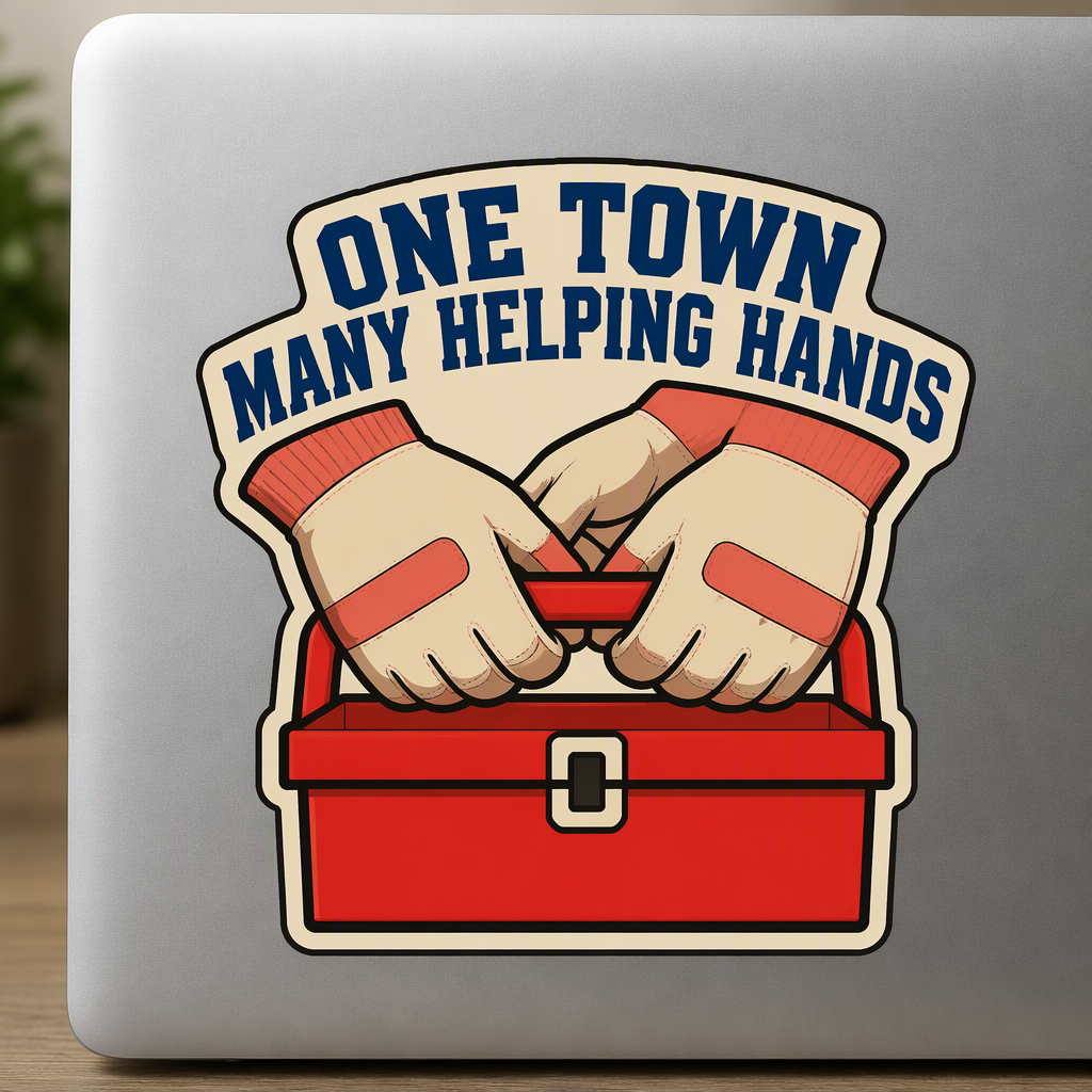 “ONE TOWN MANY HELPING HANDS” appears in sturdy cobalt lettering above overlapping work gloves holding a red community-toolbox handle.