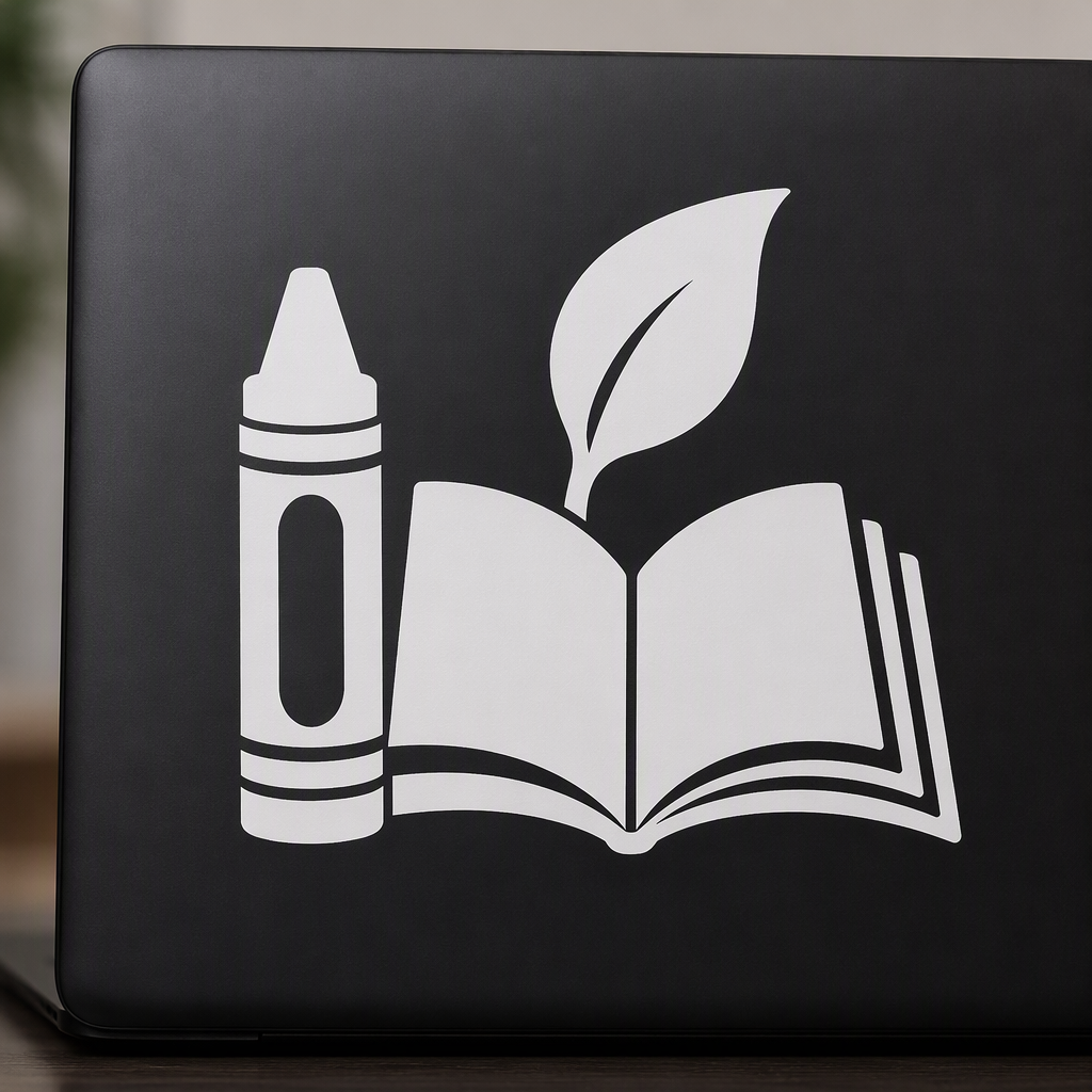 A white silhouette of a chunky chalk holder beside a large open book and broad sprouting leaf creates an educational design that connects classroom learning with the fresh perspective of outdoor study.