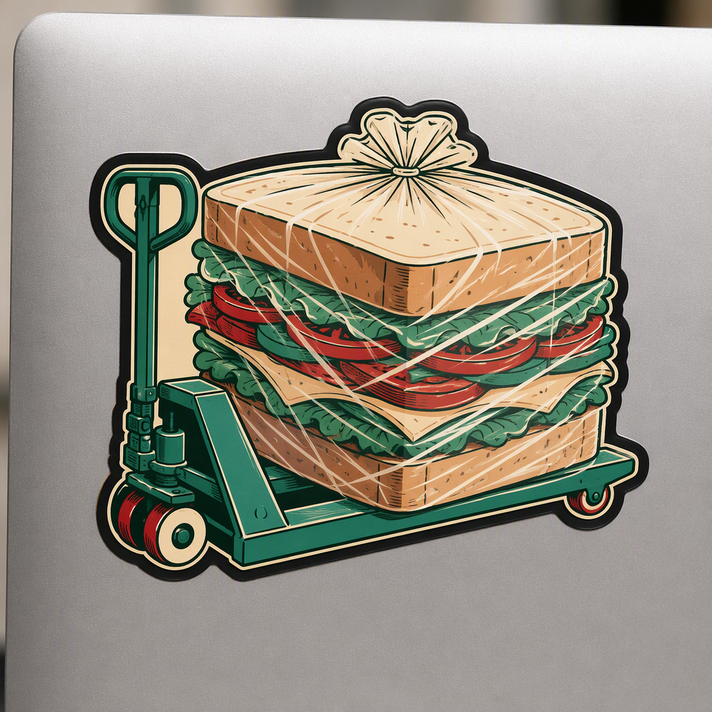 A warehouse pallet jack carrying an enormous wrapped sandwich turns an everyday work scene into playful break-time logistics humor.