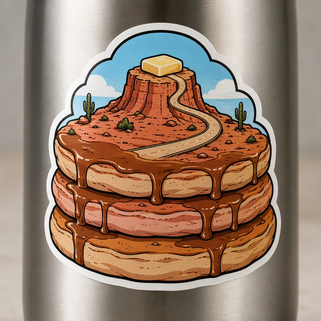 Three thick pancakes rise like a desert butte, topped by a butter summit and wrapped by a tiny curving road in this text-free breakfast road-trip design.