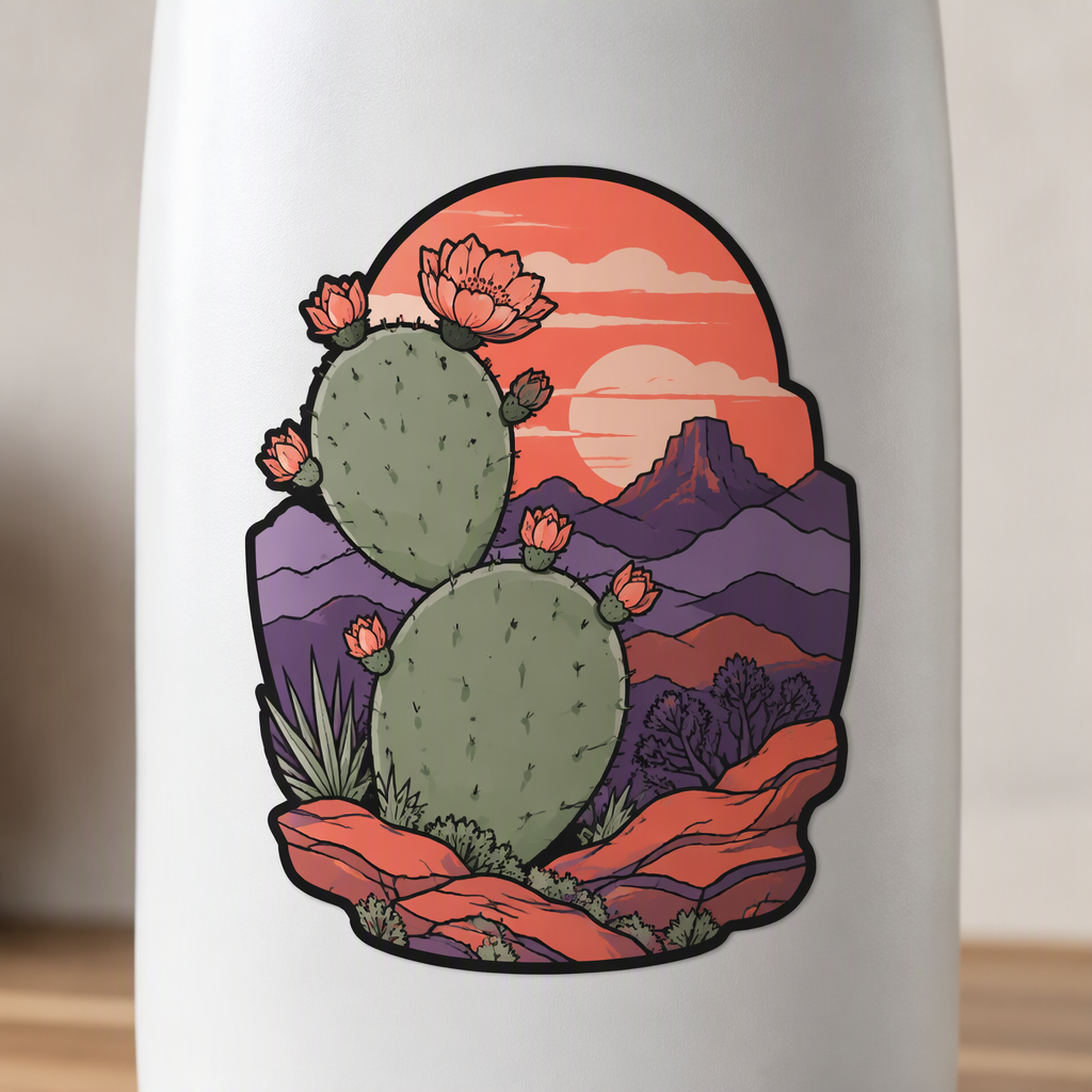 A prickly pear cactus with two broad pads stands before layered Arizona desert hills at dawn, colored in coral, sage, and violet.