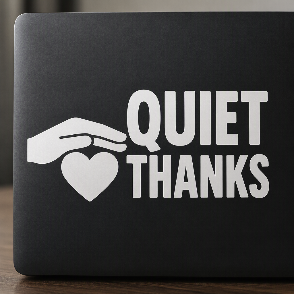 “QUIET THANKS” appears beside a hand-over-heart design, creating a simple, heartfelt tribute to veteran appreciation.
