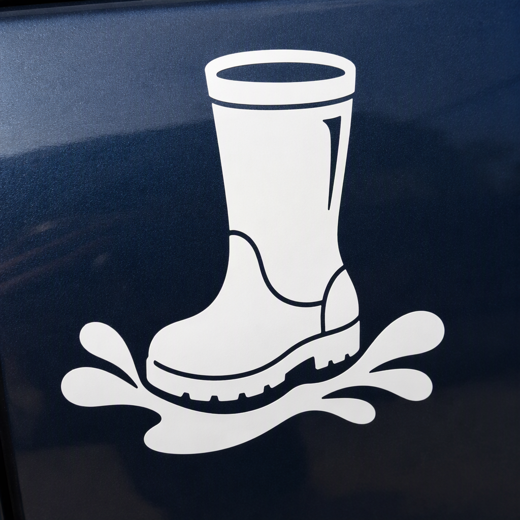 A bold white rain boot silhouette steps into three broad connected splash shapes, creating a playful rainy-day graphic with an easygoing outdoor spirit.