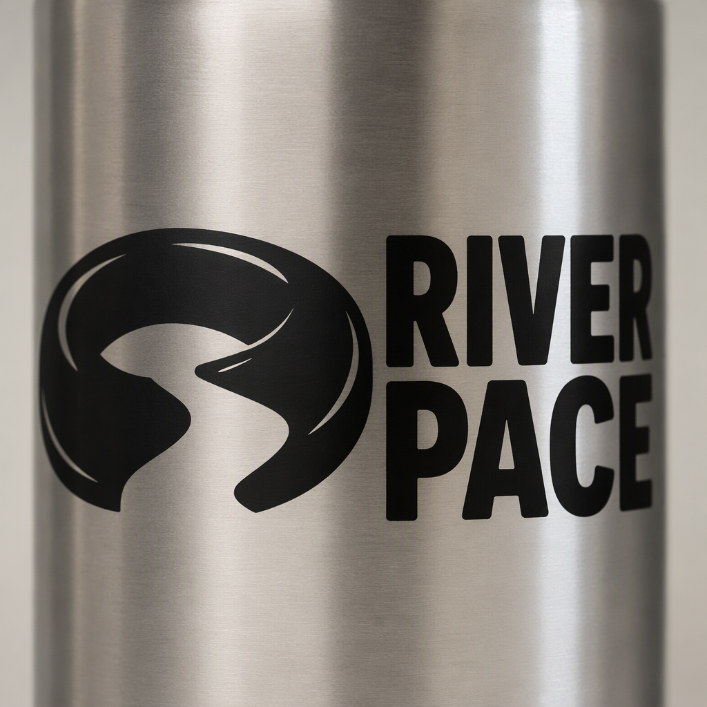 “RIVER PACE” appears beside a chunky inner tube featuring a broad river-bend cutout, creating a clean black design with an easygoing feel for slow floats and laid-back inland-water days.
