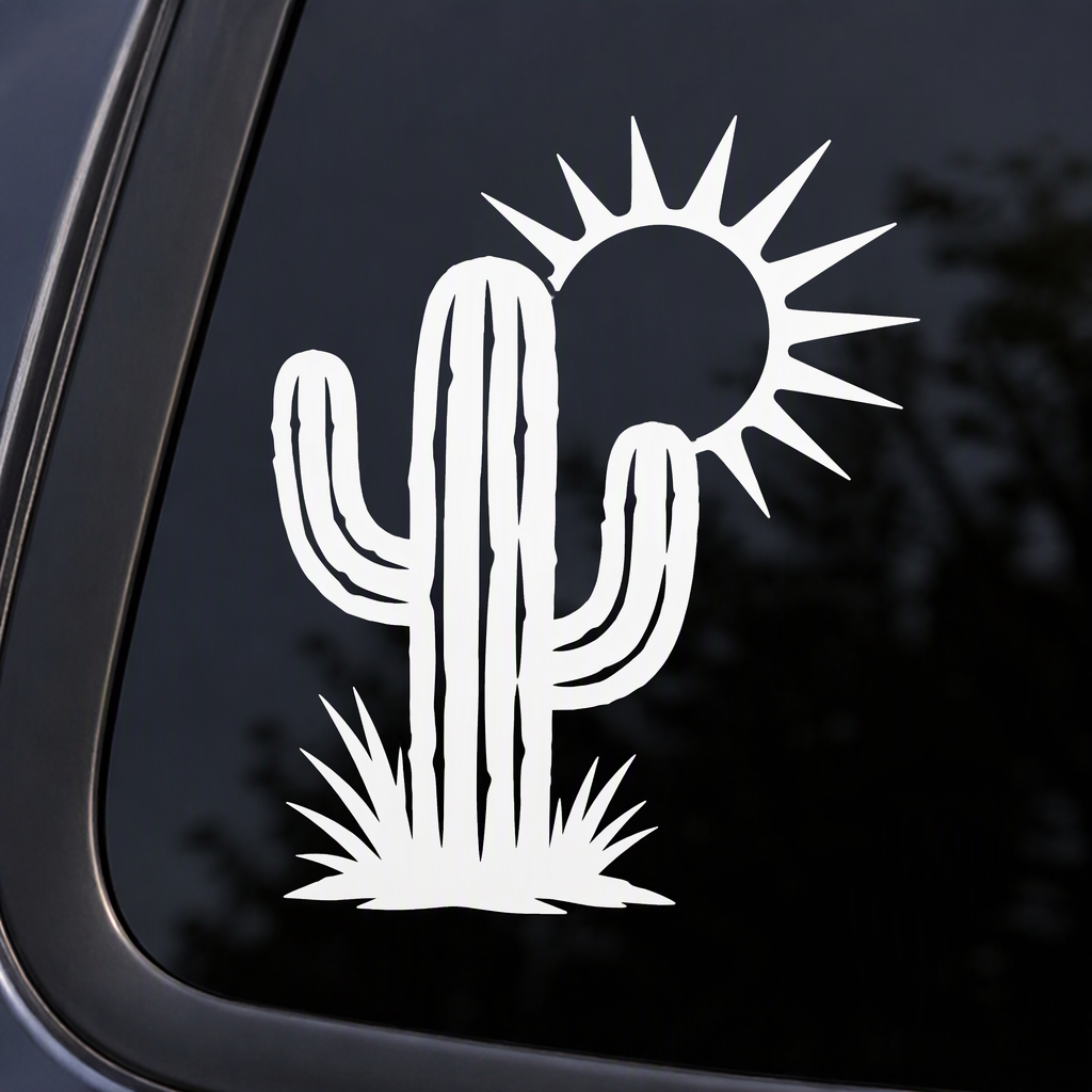 An expressive white saguaro cactus silhouette with broad arms frames a sun opening, creating a clean desert scene with bold Southwestern character.