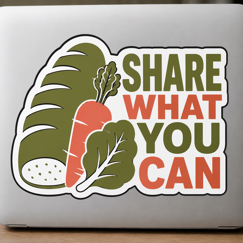 “SHARE WHAT YOU CAN” stands out beside a loaf and broad vegetable shapes in olive, coral, and white, creating a crisp, cheerful reminder of generosity and community.