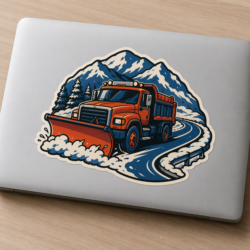A friendly flat-vector snowplow in blue, vermilion, and cream clears a curved mountain road with its broad scoop, creating a bright scene for winter travel and open-road fans.