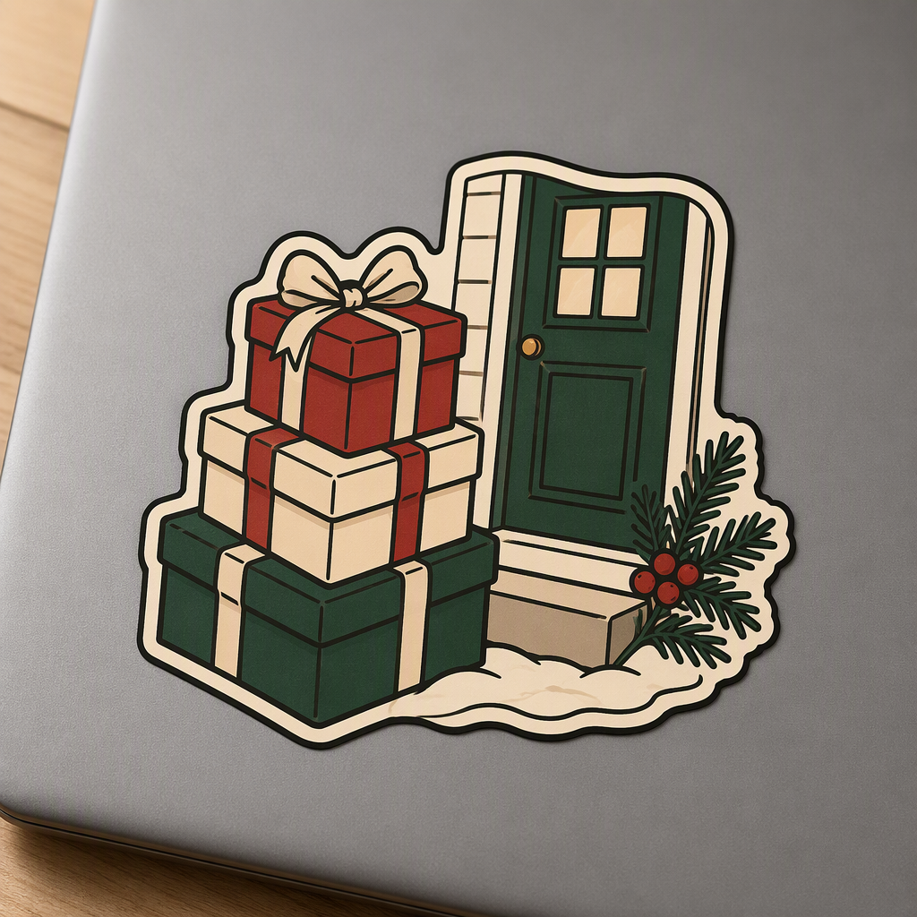 Three ribbon-tied gift parcels stacked beside a winter doorstep create a cheerful Christmas scene in cranberry, pine, and cream.