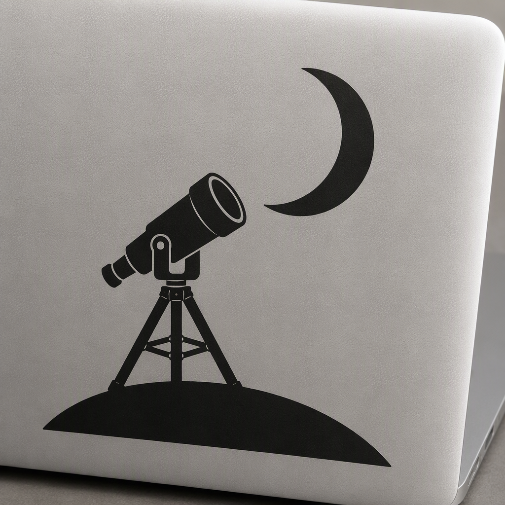 A bold black silhouette of a telescope aimed above a broad hill beneath a large crescent moon creates a calm, inspirational stargazing scene.