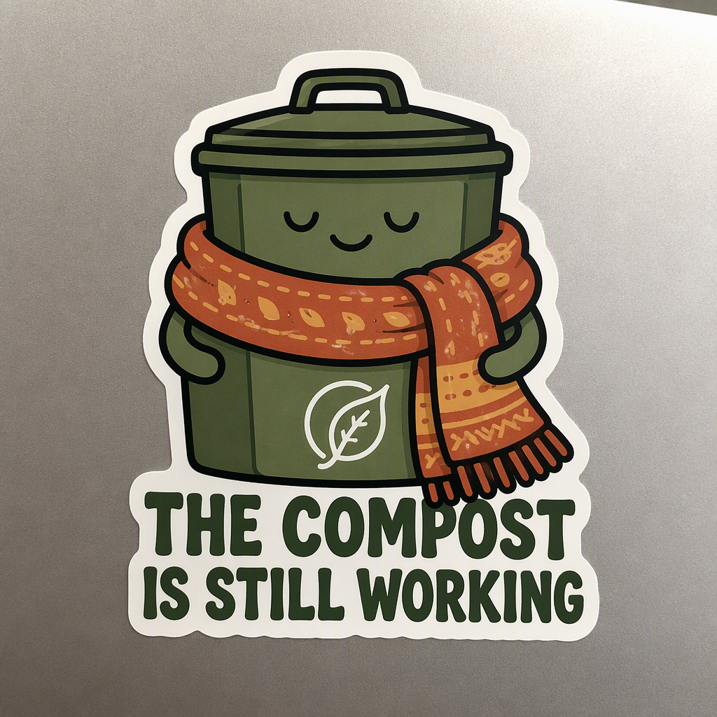 A scarf-wearing compost bin sits above the bold phrase “THE COMPOST IS STILL WORKING” in stout moss-green lettering, turning a quiet garden-season truth into light-hearted humor.